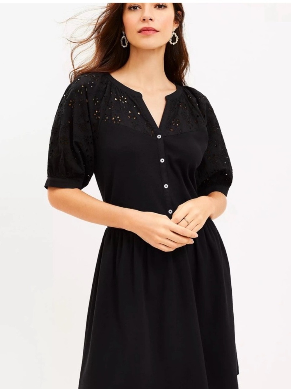 Loft Black Eyelet Sleeve Button-Front Women's Dress